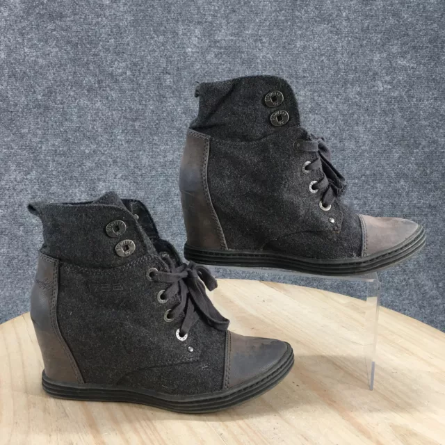 Blowfish Malibu Boots Womens 8.5 Cap Toe Lace Up Ankle Bootie Grey Fabric Wedge