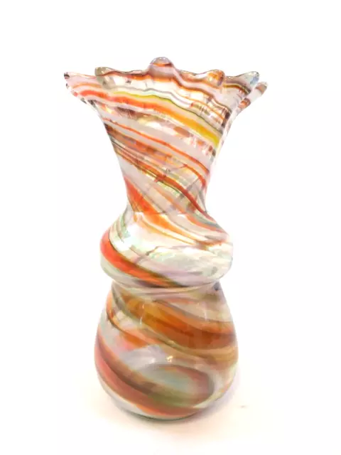 Studio Art Glass Hand Blown 7" Tall 4" Wide Bubble Swirl Scallop Edge Vase Retro