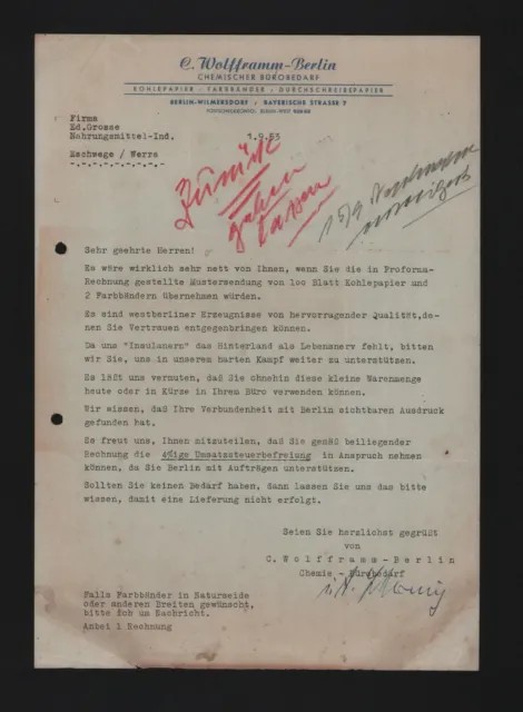 BERLIN-WILMERSDORF, Brief 1953, C. Wolfframm Chemischer Büro-Bedarf
