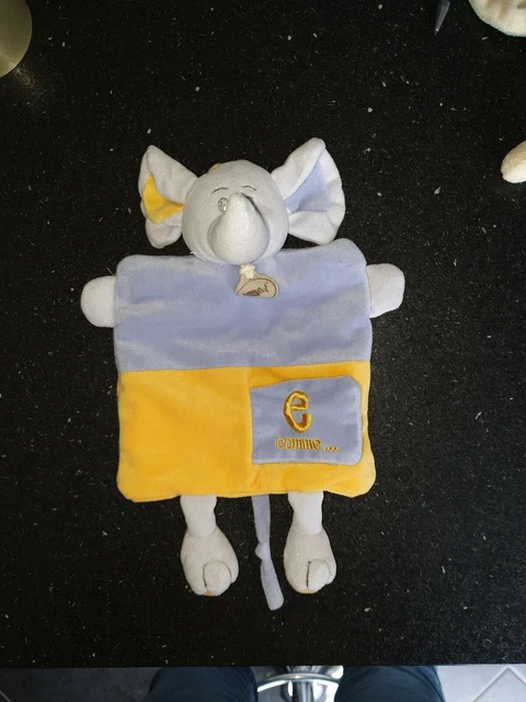 Peluche Doudou Éléphant Baby NAT e comme Marionnette Jaune Orangé Parme Bleu TBE