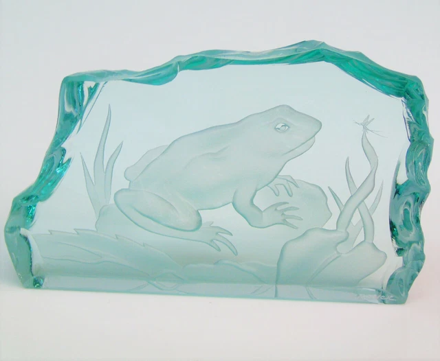 Etched Art Glass Artist Signed Scrivner FROG & BUG IN POND Plaque Paperweight!