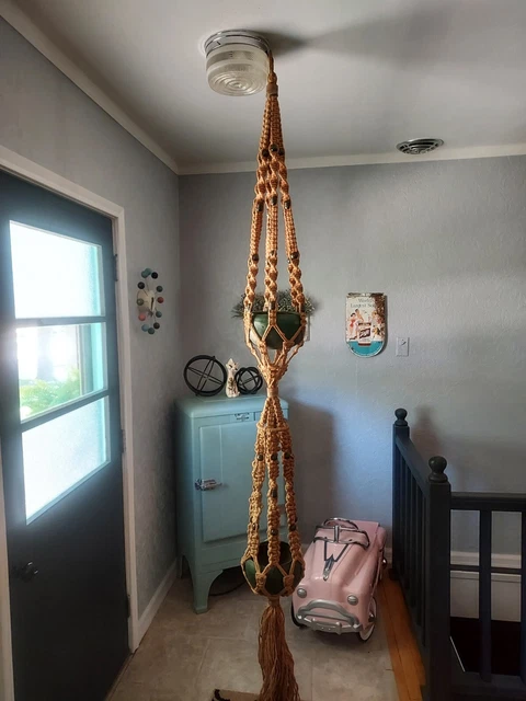 Large Vintage Mid-Century Macrame Plant Hanger Green Beads and Pots