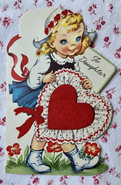 Vintage 1950 Valentine Greeting Card Pretty Dutch Girl Red Flocked Heart