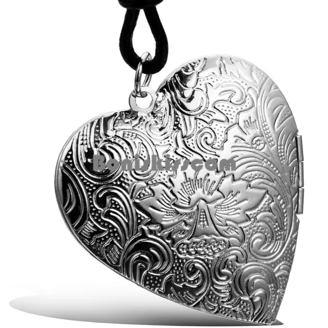 Vintage Silver Tone Locket Heart Pendant Ladies Necklace w Black Leather Chain