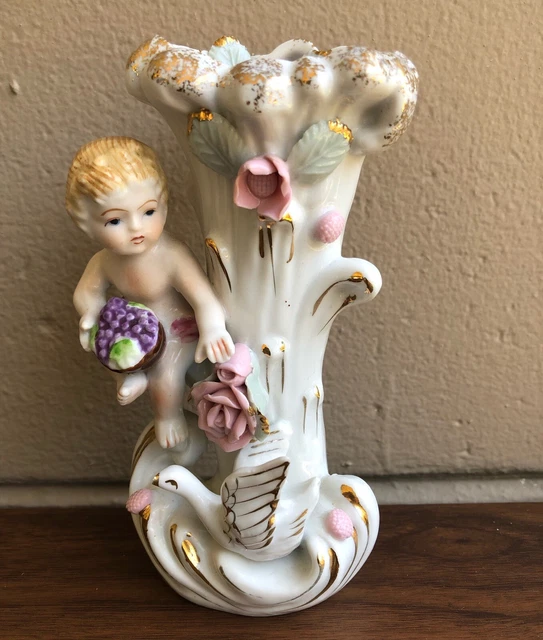 VINTAGE UCAGCO CERAMICS Japan Vase Figurine Cherub With Swan Flowers £
