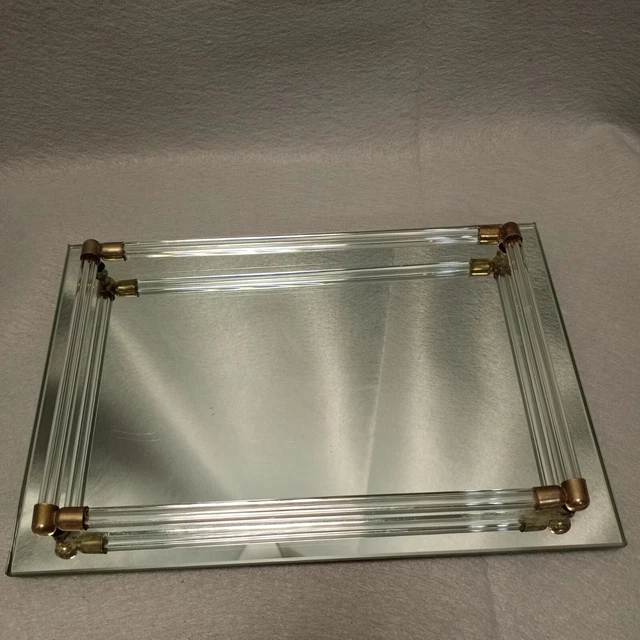 VINTAGE MIRROR VANITY Tray with Glass Rod Tube Rails and Metal Caps 11