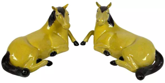 Pair Antique Chinese Qing Yellow Glazed Porcelain Recumbent Horses Statues