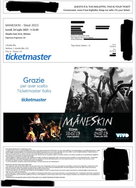 2 Biglietti concerto Maneskin - Milano - Sadio San Siro - 24/07/2023