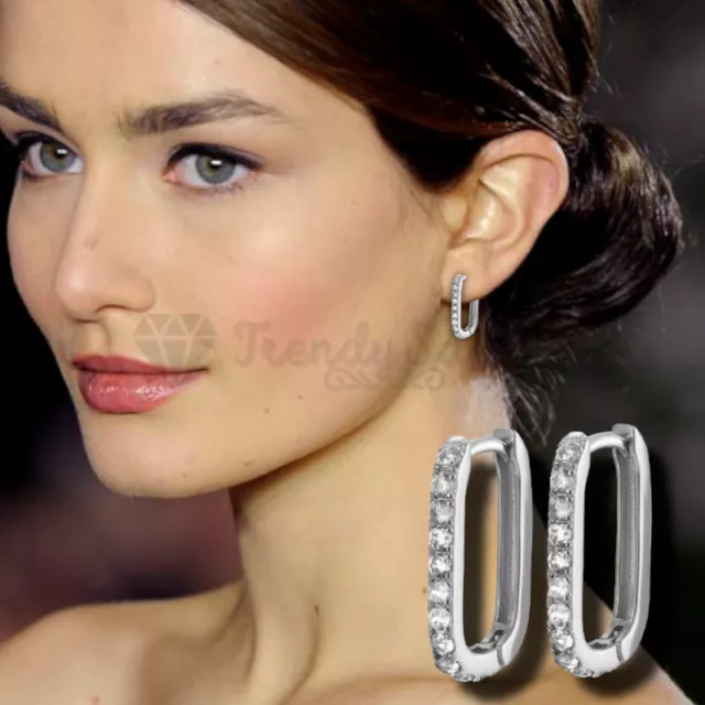 Pure Solid 925 Sterling Silver Rectangular Oval Hoops Cubic Zircon Stud Earrings