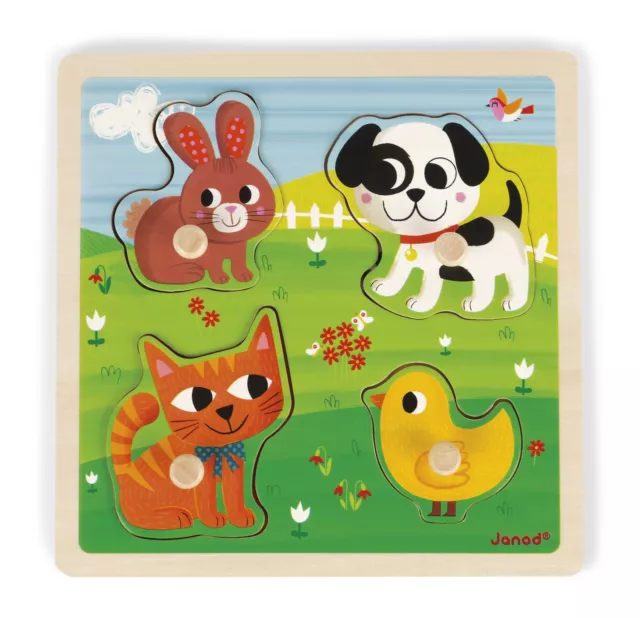 Janod Tast-Puzzle aus Holz, Meine ersten Tiere, 4 Teile, Kinder-Puzzle mit Knöpf