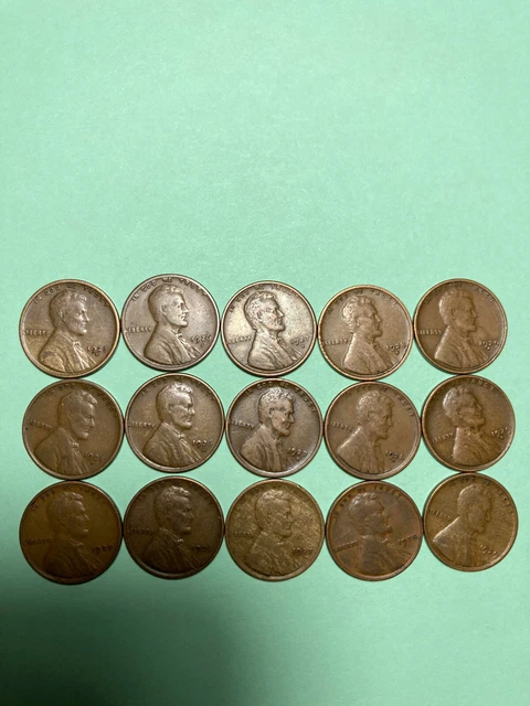 1925-Pds--1929-Pds Lincoln Wheat Cent Penny Set, 15 Coins, Mostly Fine Grade