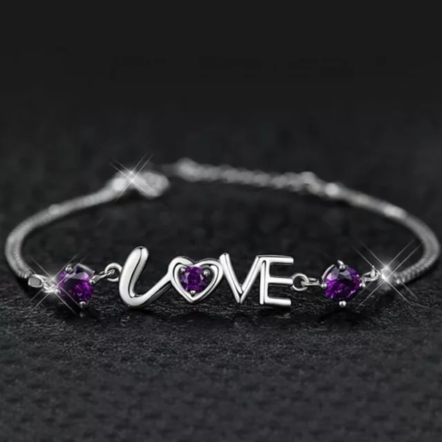 925 Sterling Silver Crystal Love Heart Linked Charm Bracelet Women Jewellery UK