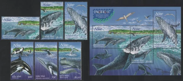 Niue 1997 - Mi-Nr. 884-886, 888-890 & Block 124 ** - MNH - Wale / Whales