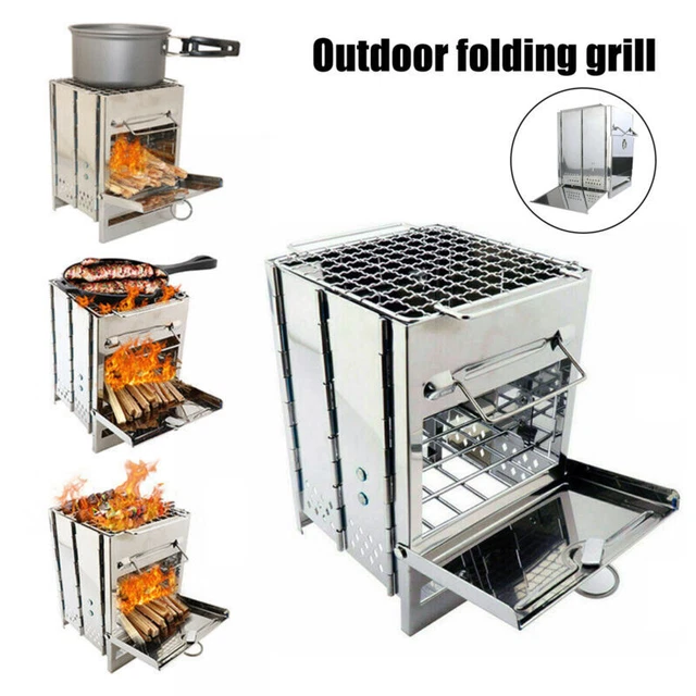Tragbar Faltbare Holzofen Kocher Wood Stove Edelstahl für Camping Kochen BBQ Neu