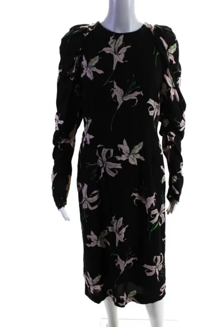Dries Van Noten Womens Long Sleeve Lily Floral Sheath Dress Black Pink Size EU36