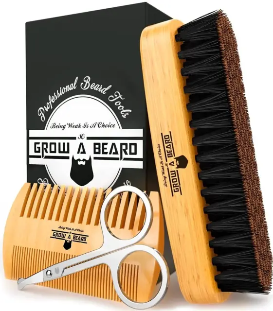 Beard Brush for Men & Beard Comb Set W/ Mustache Scissors Grooming Kit, Natural