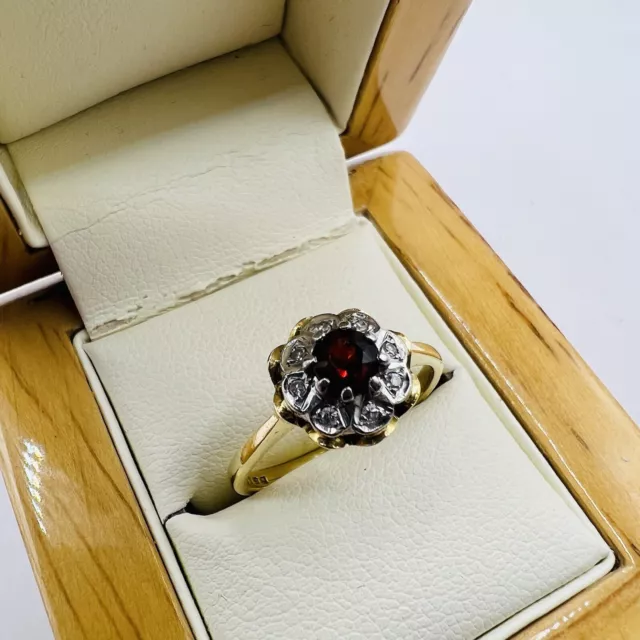 18ct Solid Yellow Gold Garnet And Diamond Ring Size P 1/2 Hallmarked Free Post