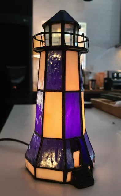 Beautiful Blue & White Tiffany Style Stained Glass Lighthouse Light Lamp Vintage