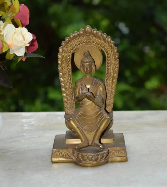 Antique Brass Maitreya Sculpture The Future Buddha Seated On Throne Statue EK845