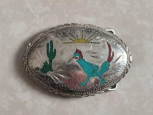 Vintage Western Turquoise Coral Inlay Roadrunner Nickel Silver Belt Buckle