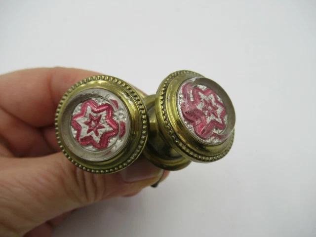Pair of Antique Brass /Sulfide Glass Red White Star Victorian Drawer Pulls Curta