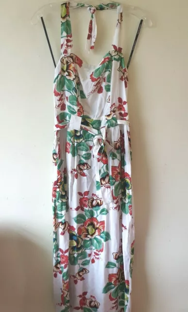 Warehouse Tropical Midi Halter Dress Sz 8 White Red Green Floral Pockets