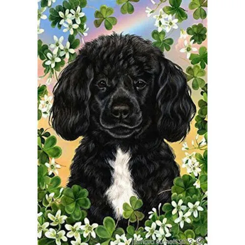 Clover Garden Flag - Black and White Portuguese Water Dog 314891