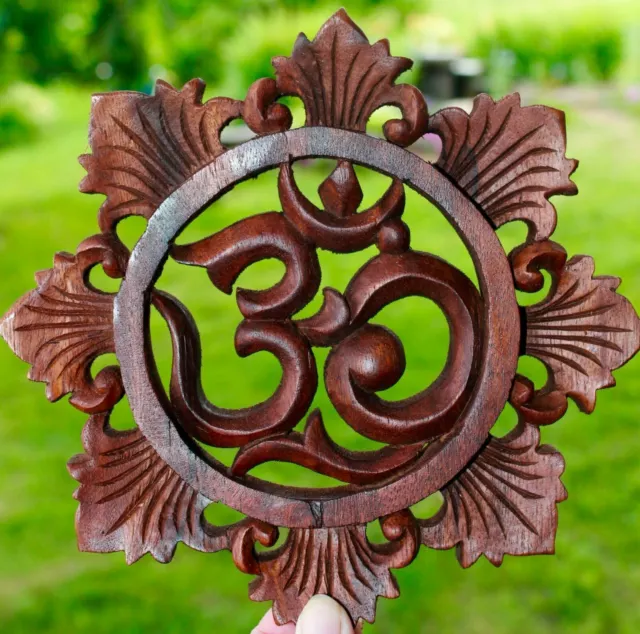 Sacred Om Mantra ॐ Plaque Panel Wall Art sculpture Hand Carved wood Balinese