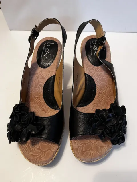 Born BOC Sandals Womens Leather Wedge Floral Slingback Shoes Open Toe Sz 9 Black