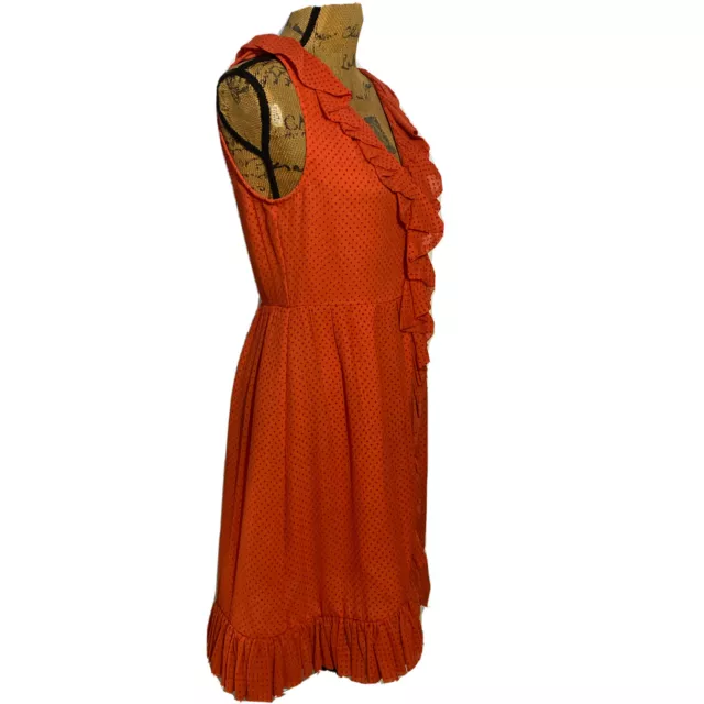 Marc Jacobs Dress 10 100% Silk Coral Orange Burgundy Polka Dot Ruffle Wrap Party 3