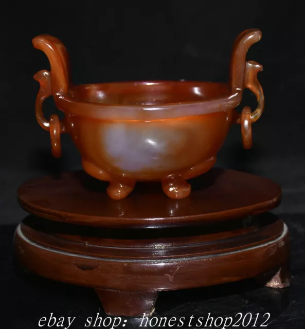 5.2" Alte chinesische natürliche Achat Hand Schnitzen Dynastie 2-Ohr Ring Zenser