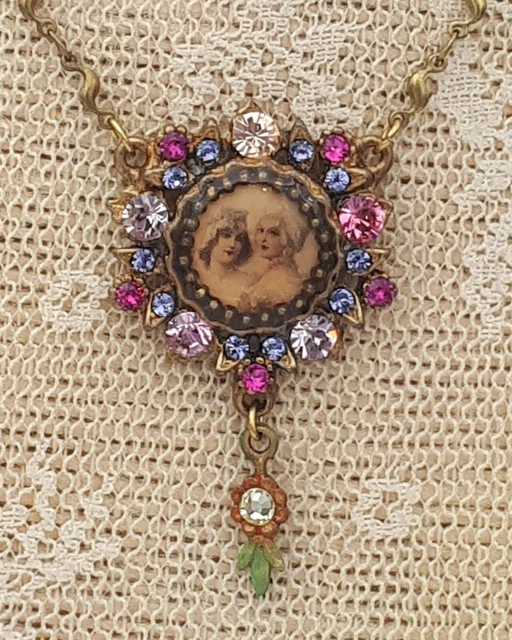 Michal Negrin Victorian Woman Cameo Pendant Necklace w/ Pink & Purple Crystals