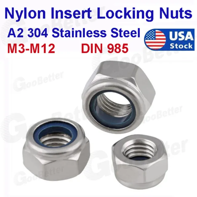 Nylon Insert Hex Lock Nut, DIN 985 A2 Stainless Steel M3 M4 M5 M6 M8 M10 M12 USA