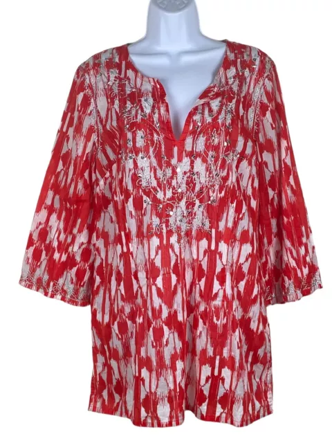 INC International Concepts Tunic Blouse Womens Sz 14 Red Floral Beaded