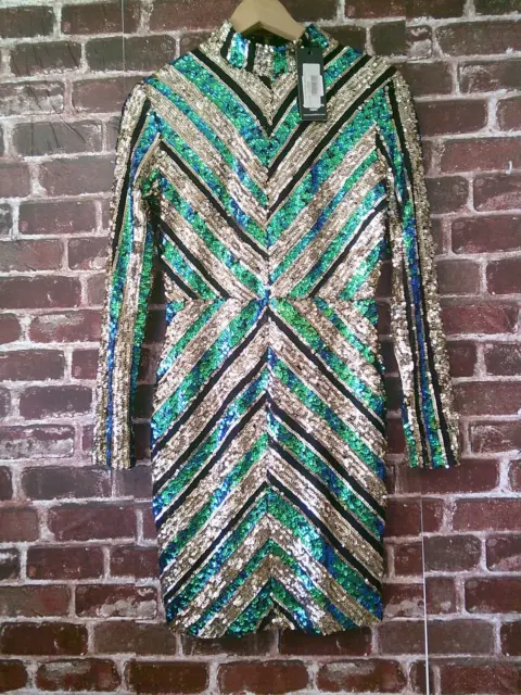 Gold Blue/Green Sequined Long Sleeved Dress Size 8   (5)