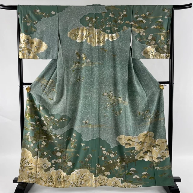 Japanese Kimono Silk Houmongi Vintage Gold Building Flowers Grass Green 64"