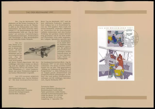 Germany Folder 1997/32 M/S S/S Stamp Day Aviation Cars Bicycle