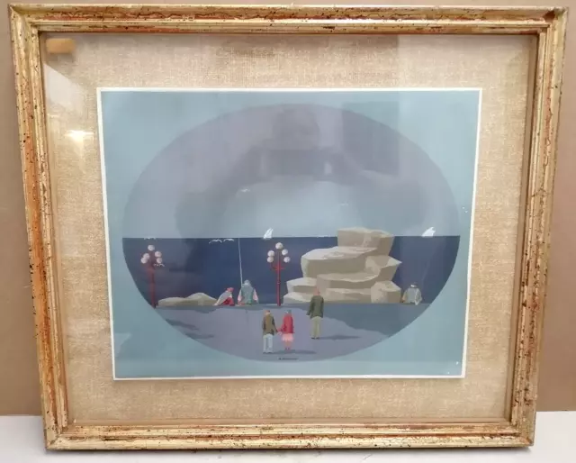 Enrico Faustini Tempera Su Carta Persone Bordo Mare Anni '70 Firenze