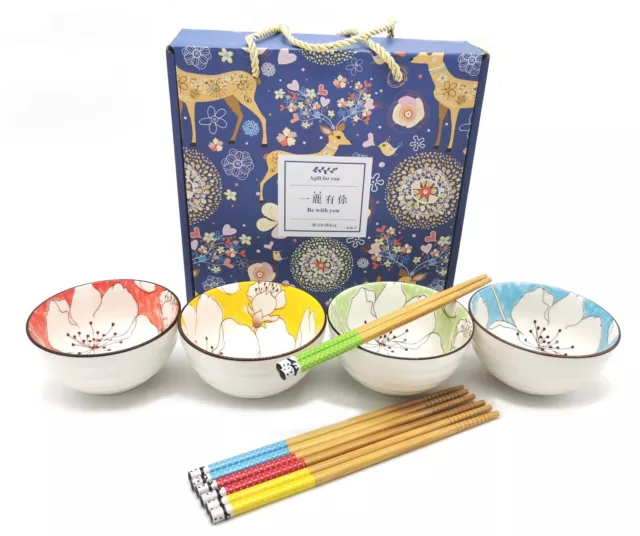 Set of 4 Japanese Chinese Style Rice Bowl Gift Set