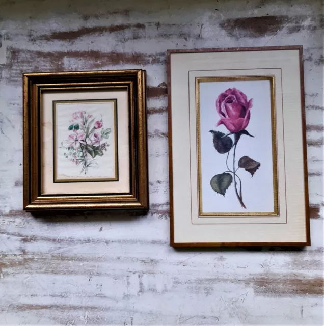 Vintage, 2 peintures sur soie décor floral cadre en bois doré