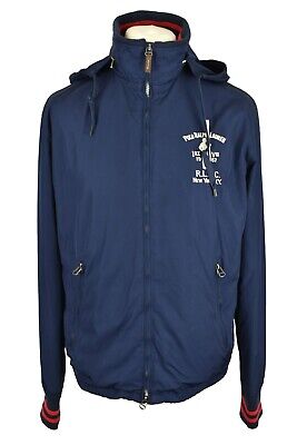 RALPH LAUREN Polo Blue Windbreaker Jacket size M Mens Full Zip Hooded Polyester