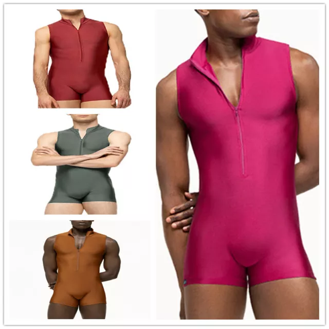 Mens Bodysuit Zipper Back Jumpsuit Sleeveless Leotard Sexy Underwear Athletic