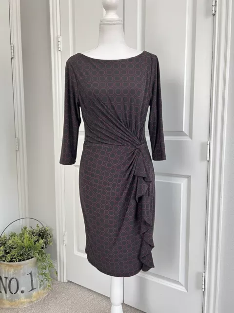 Ralph Lauren Womens Black Burgundy Geometric Print Dress Knot Ruched Size 8P