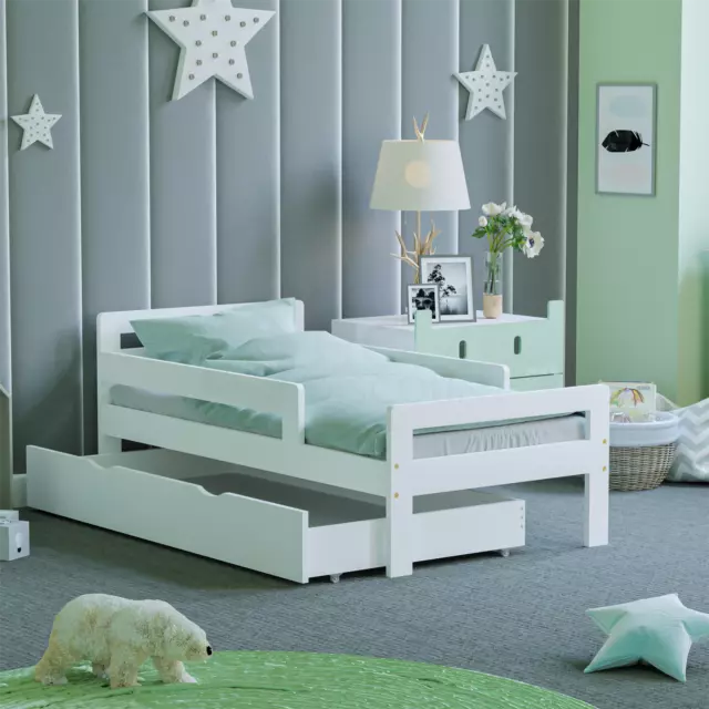 White Toddler Wood Bed Frame Childrens Kids Junior Bedroom Bedframe With Storage 3