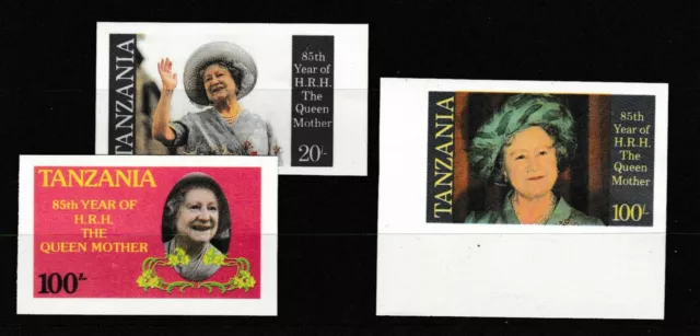 Tanzania - Queen Mother, 85th birthday - 3 MNH imperforate stamps 1985