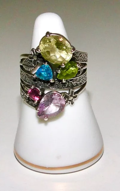 Sterling Silver Multi GEMSTONE RING ~Peridot Citrine Topaz~ 9 Signed PZ Israel