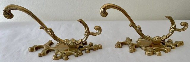 Set of 2 Vtg Antique Style Ornate Solid Brass Triple Coat Key Hat Hanger Hooks 9
