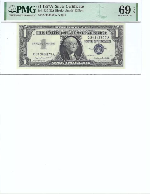 1957 $1 Silver Certificate FR1620 PMG 69 Gem UNC EPQ, Blue Seal!!!
