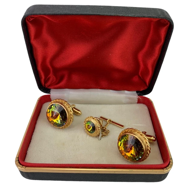 VTG 70s Watermelon Green Glass Gold Tone Cuff Link Tie Pin Set Boxed Disco Bling