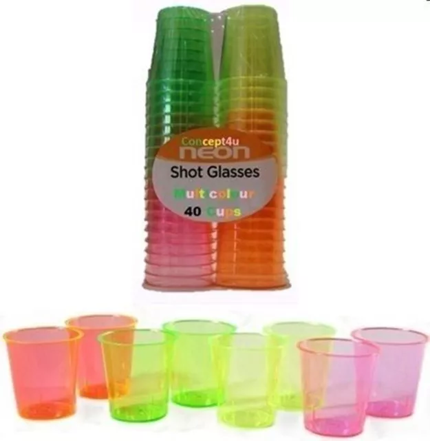 40 Disposable Plastic Neon Coloured Party Jelly Shot Glasses Cups 30ml Colourful